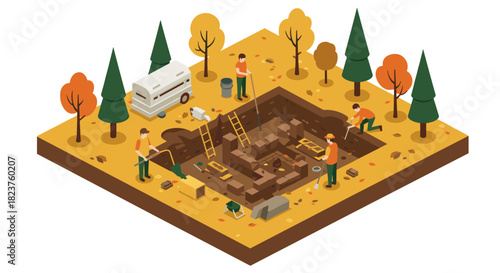 Isometric archaeological excavation scene with autumn trees and workers