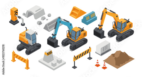 Isometric construction equipment: excavators and barriers set for site projects