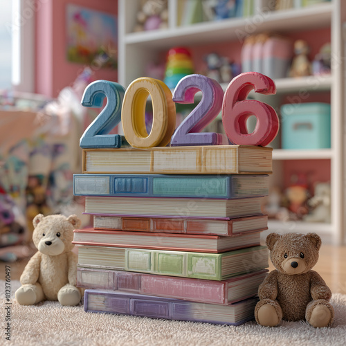 2026 on books in a children's room with teddy bears