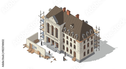 Isometric architectural renovation scene with workers and scaffolding