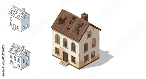 Isometric old house with structural damage and roof holes