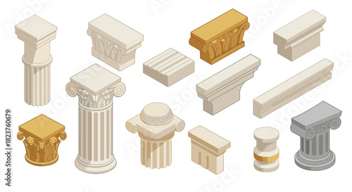 Collection of isometric architectural column capitals and bases in classic design
