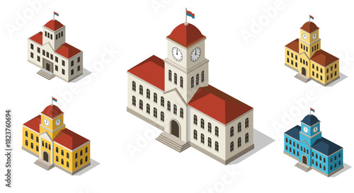 Isometric town hall designs in various colors and styles
