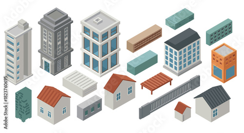 Isometric buildings set with modern and classic architecture designs