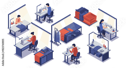 Isometric sewing workshop with seamstresses at work and organized storage