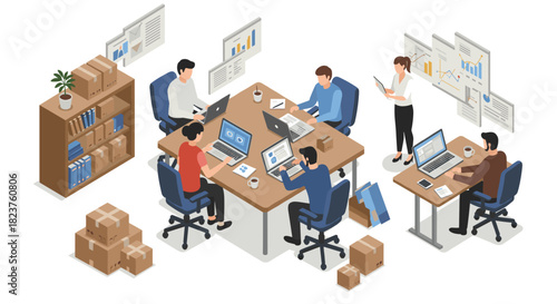 Collaborative office workspace in isometric style with diverse team and business analytics