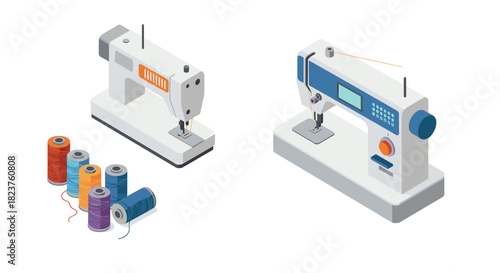 Modern sewing machines with colorful thread set in isometric view