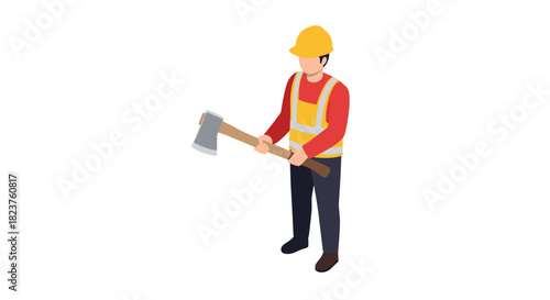 Isometric worker holding axe in safety gear on white background