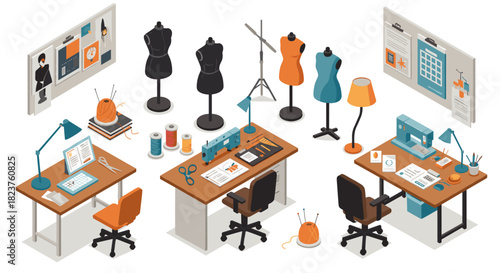 Stylish fashion design studio with sewing tools and modern office setup in isometric style