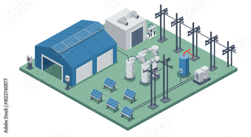 Isometric renewable energy plant with solar panels and power lines