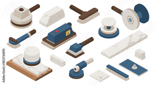 Isometric cleaning tools and marble polishing equipment on white background