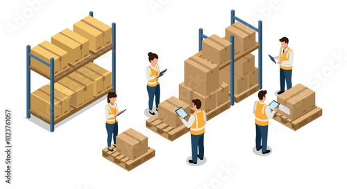 Isometric warehouse management with workers organizing boxes on shelves