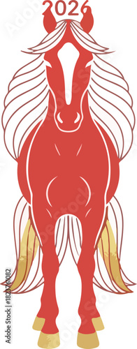 A stylized red horse with a prominent mane and tail displaying 2026 above its head