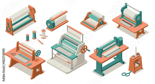 Industrial textile machinery 3d isometric set for fabric production and sewing equipment