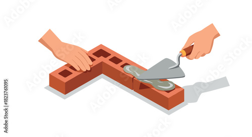 Hands laying bricks with trowel and mortar in isometric style