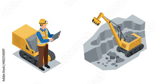 Isometric heavy machinery and construction worker in quarry site
