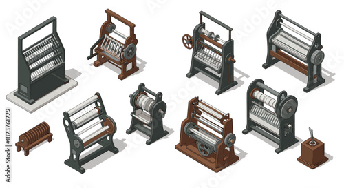 Vintage industrial machinery isometric set featuring roll stands and metal components