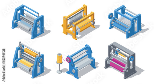 Isometric textile machinery set featuring various rolling machines and thread spool