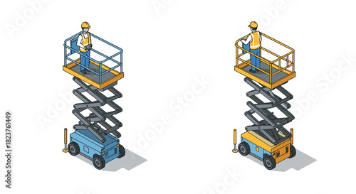 Isometric construction worker on scissor lift platform with safety gear