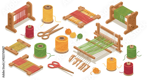 Isometric yarn and loom tools: crafting essentials with thread spools and weaving supplies