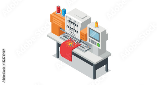 Modern isometric embroidery machine with floral design and control panel