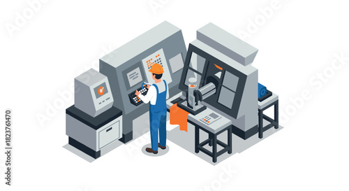 Industrial automation with cnc machine and operator in isometric design