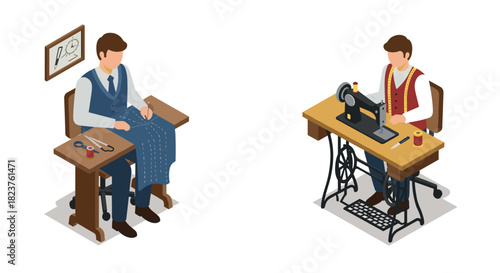 Isometric tailor and seamstress at work: sewing and fabric crafting duo