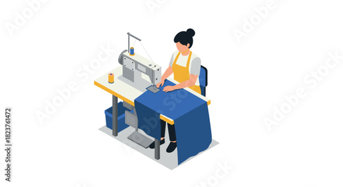 Seamstress working at sewing machine in isometric workshop