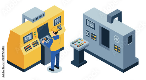 Modern industrial machinery and control panel isometric artwork