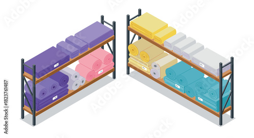 Colorful fabric rolls on shelves in an isometric design for interiors and textiles