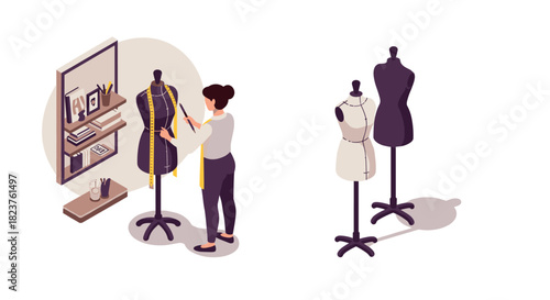 Tailoring craft scene with mannequins and designer in modern workspace