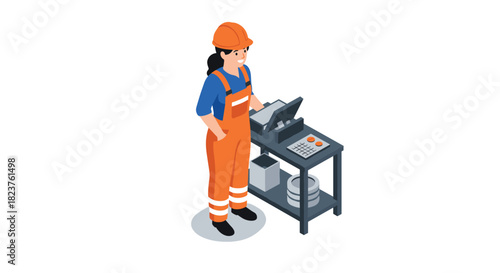 Isometric female engineer operating equipment in orange workwear