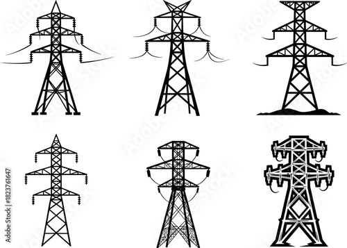 Transmission tower silhouettes, high-voltage pylons, lattice structures, electric grid components, power line engineering forms, flavector