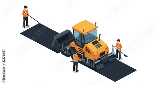 Road construction team operating asphalt paver machine in isometric art style
