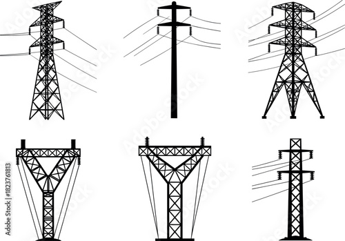 Transmission tower silhouettes, electricity pylons, power grid structures, high voltage lines, industrial energy infrastructure, flavector