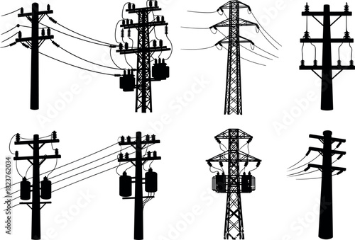 Utility pole and transmission tower silhouettes, transformers, power lines, grid infrastructure, energy system components, flavector