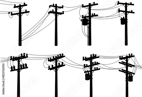 Utility pole silhouettes, electric distribution lines, transformer setups, power infrastructure design, energy grid elements, flavector
