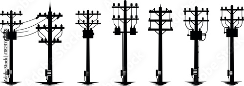 Utility pole silhouettes with reflections, transformers, power lines, electric grid infrastructure, urban energy system, flavector