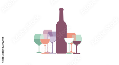 Wine bottle and glasses illustration in various colors.