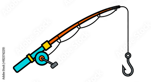 Illustration of a fishing rod with a hook and line.