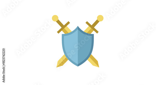 Illustration of a light blue shield with two crossed golden swords behind it.