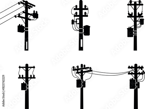 Utility pole silhouettes, transformers, power lines, insulators, electric grid infrastructure, distribution system components, flavector