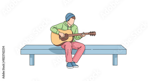 A person sitting on a bench playing an acoustic guitar, wearing a beanie, hoodie, and pink pants.