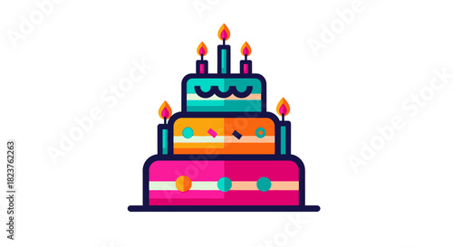 A colorful three-tiered birthday cake with lit candles on a white background.