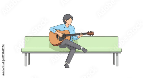 Man playing guitar on a bench, seated with legs crossed.