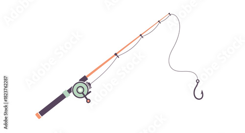 Illustration of a fishing rod with a hook and reel on a white background.