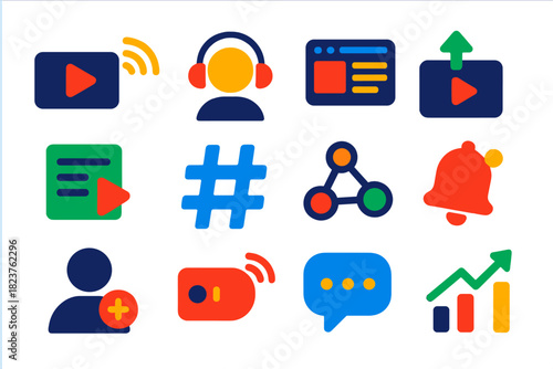 Colorful Media Icons. Flat vector icons of Online Media: Streaming, Podcast, Blog, Video Upload, Playlist, Hashtag, Social Share,