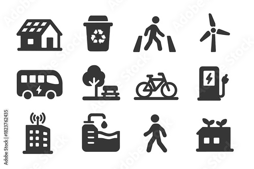 Eco-Friendly Icon Set. Solid style icons of Eco-Friendly Cities: solar roof, recycling bin, car-free street, wind turbine,