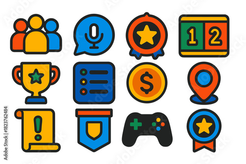 Vibrant Gaming Icons. Flat vector icons of multiplayer gaming: team icon, voice chat, party badge, score board, ranking trophy,