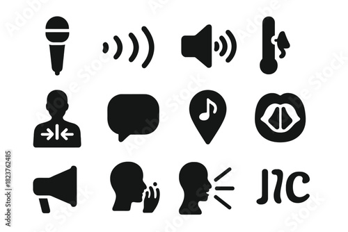 Vocal Technique Icons. Solid style icons of vocal techniques: microphone, sound waves, volume icon, pitch indicator, breathing